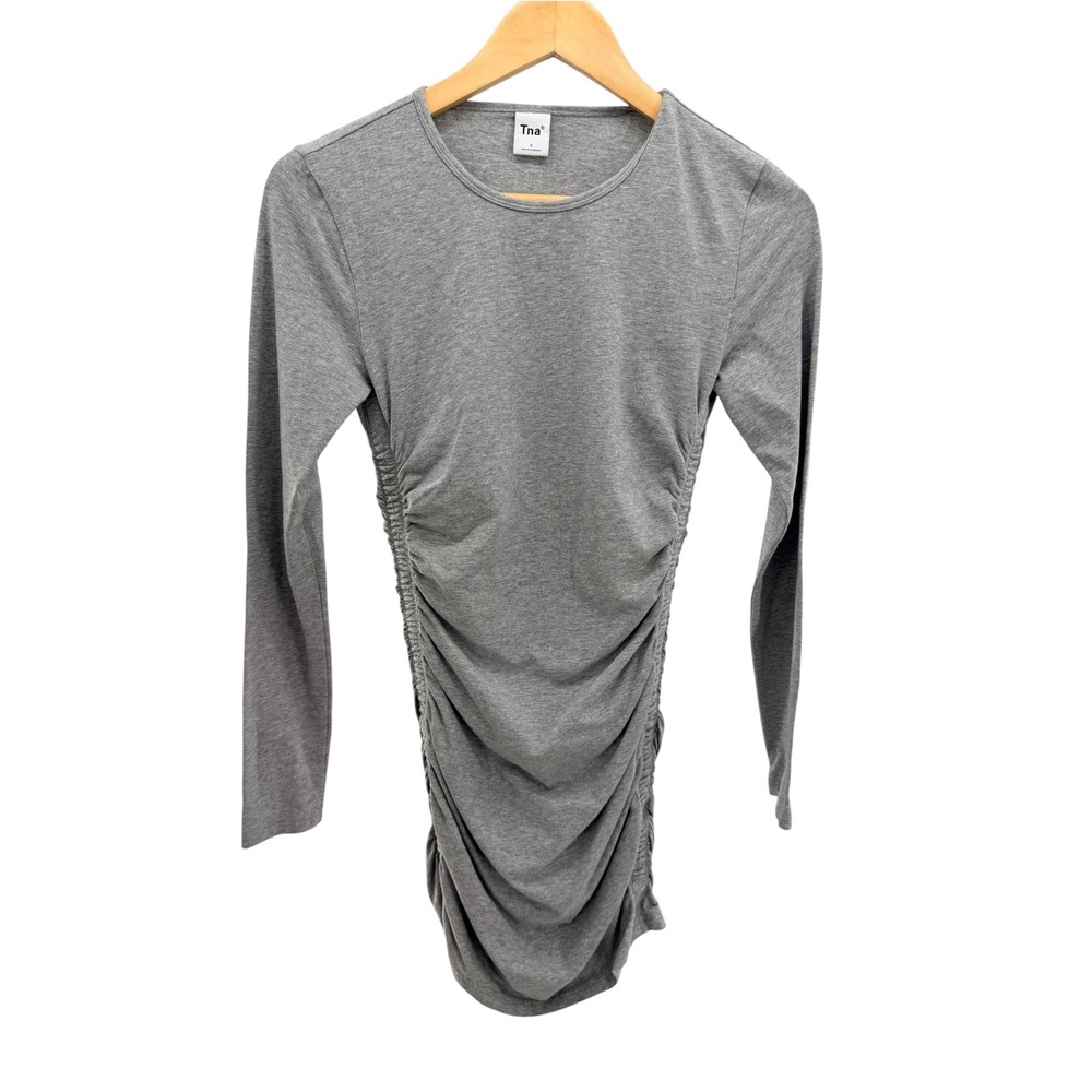 Aritzia Tna Chill Malibu Ruched Long Sleeve Dress S Grey Cotton Bodycon Mini M